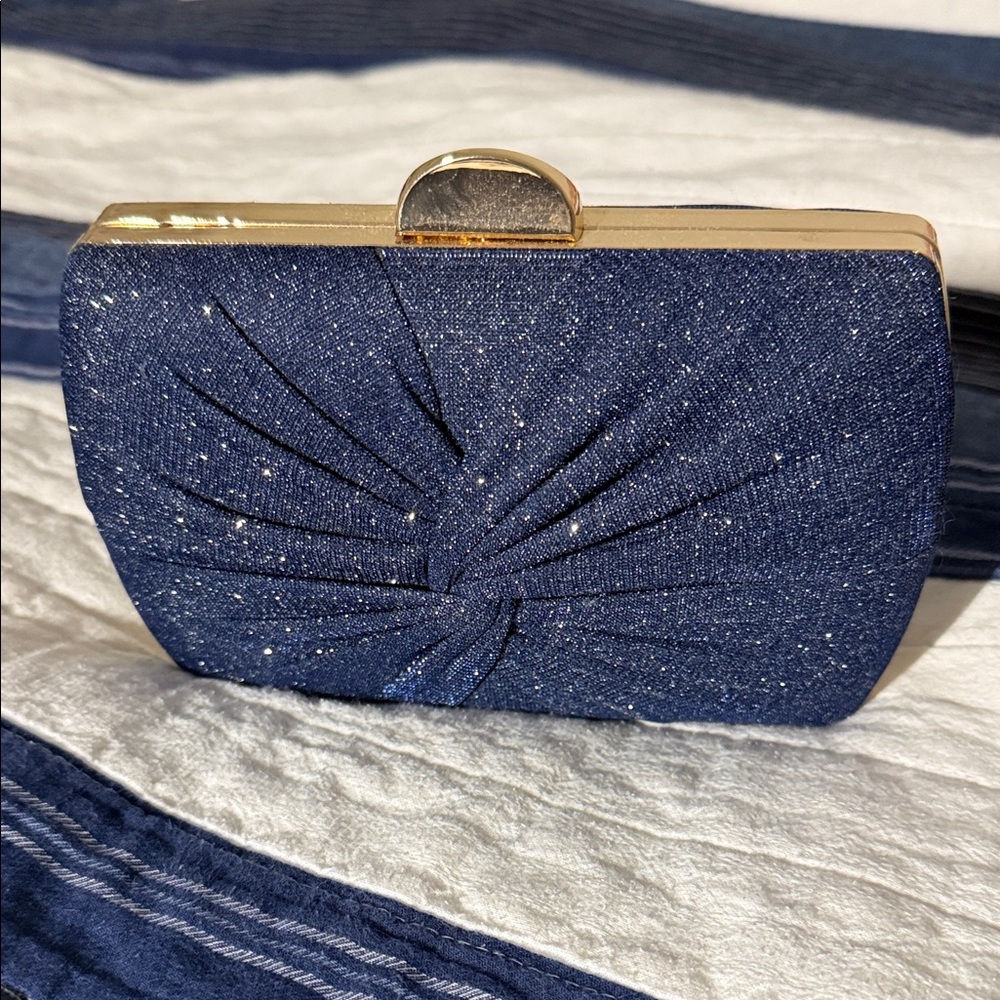 Navy Blue Glitter Clutch with Gold Trim